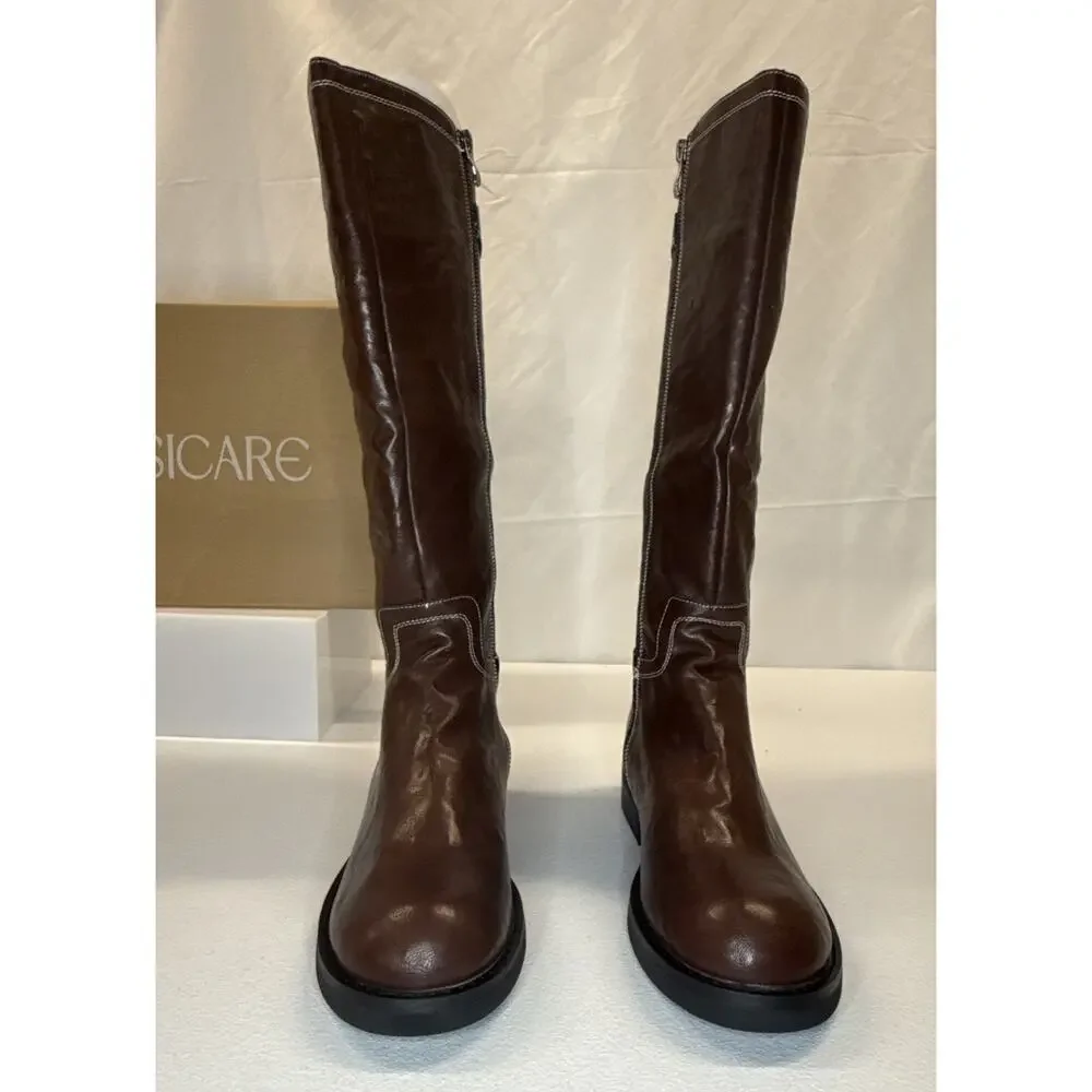 Women's SICARE Brown Knee High Boots Buckle Detail Flat Block Heel Size 8